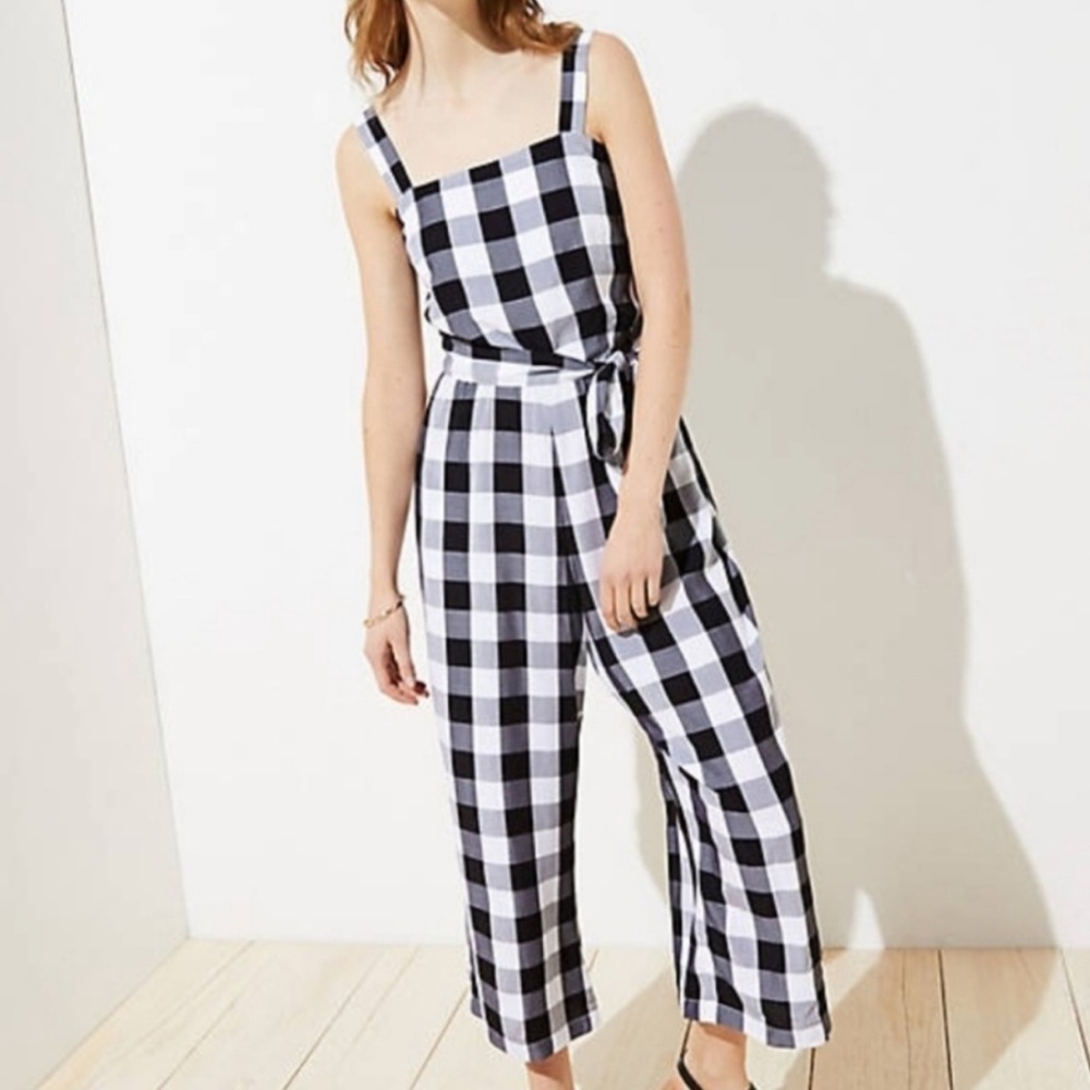LOFT Gingham Smocked Back Tie Waist Jumpsuit